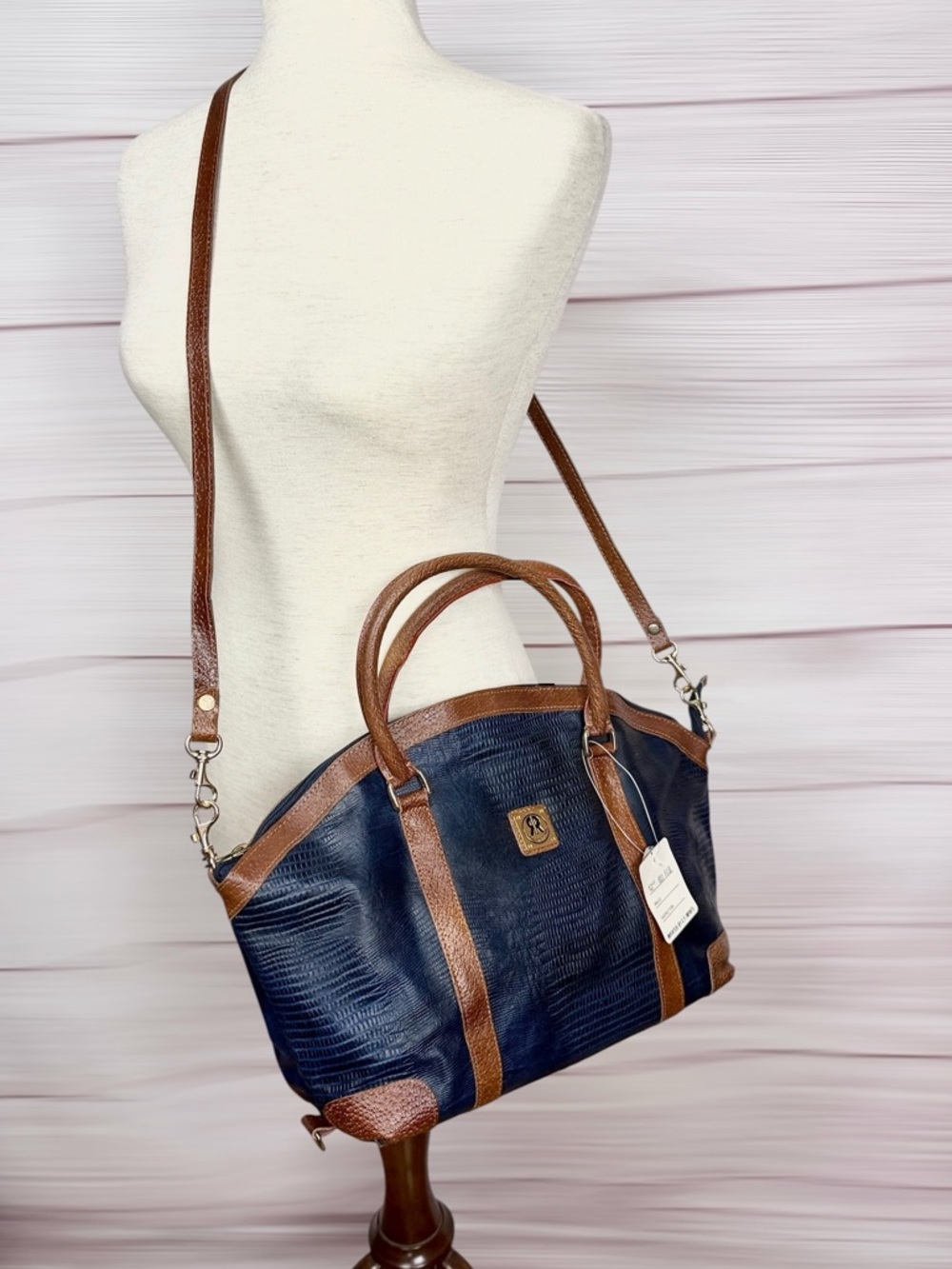 Roberto Roma Leather Satchel Bag Blue Brown Textured Crossbody Top Handle Vng